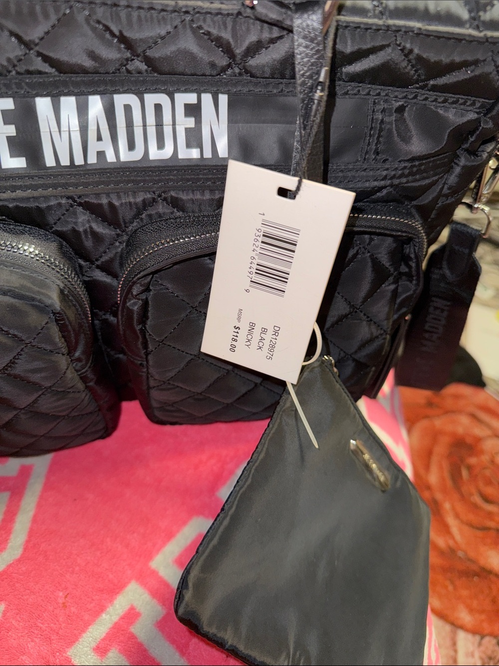 Steve Madden Black Quilted Nylon Tote with Front Pouches/Baby Diaper Bag - Picture 3 of 9